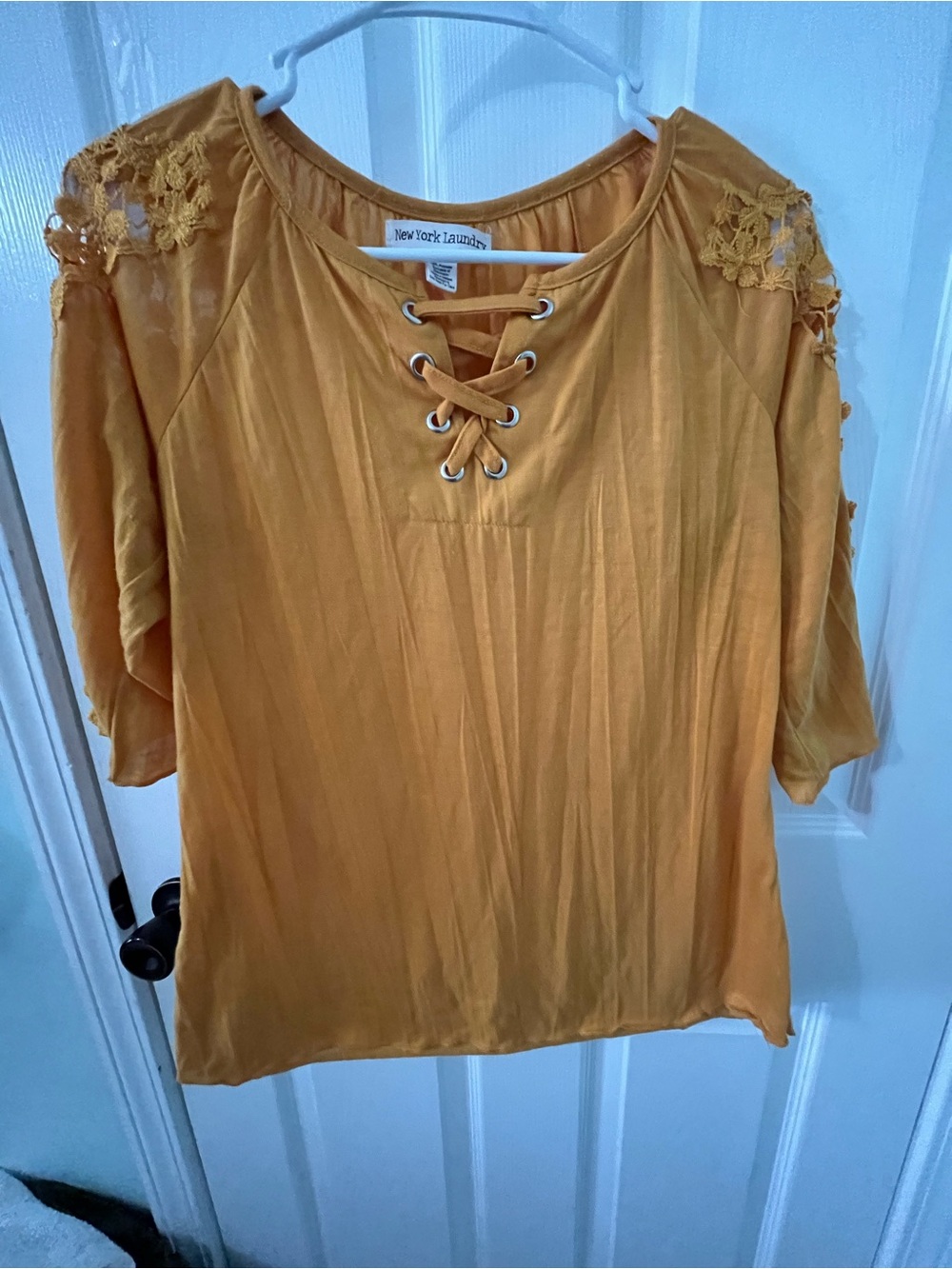 New York Laundry Mustard Lace-Shoulder Lace-Up Top